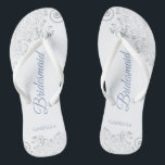 Silver Lace & Dusty Blue Script Bridesmaid Wedding Flip Flops<br><div class="desc">These elegant wedding flip flops are a great way to thank and recognise your bridesmaids, while giving their feet a rest after a long day. The beautiful design features an elegant design with silver grey lace frills on a white background and fancy dusty blue script lettering. The text reads Bridesmaid...</div>