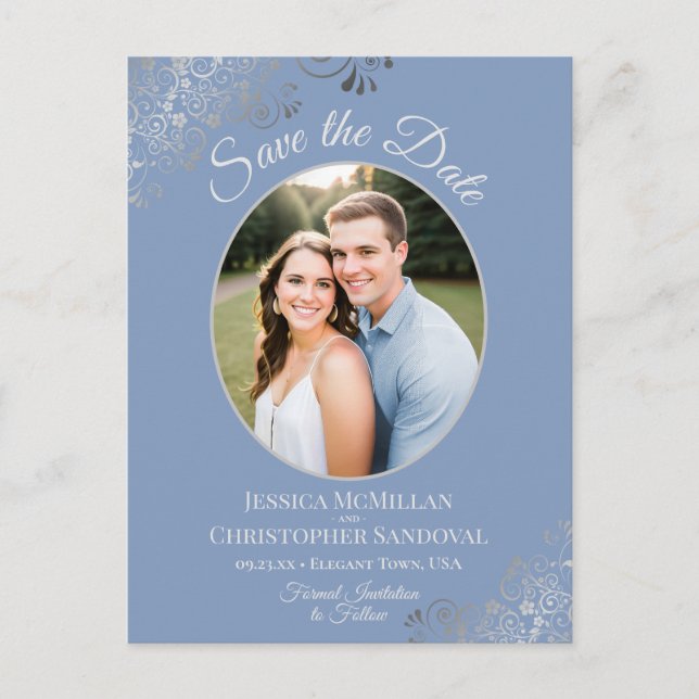 Silver Lace Dusty Blue Wedding Save the Date Photo Announcement Postcard (Front)