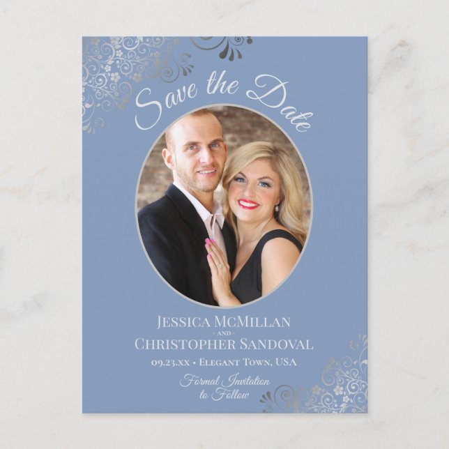 Silver Lace Dusty Blue Wedding Save the Date Photo Announcement Postcard (Front)
