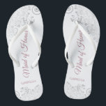 Silver Lace & Dusty Rose Maid of Honour Wedding Flip Flops<br><div class="desc">These beautiful wedding flip flops are a great way to thank and recognise your Maid of Honour while saving her feet at the same time. Features an elegant design with silver grey lace on a white background and fancy dusty rose or mauve pink script lettering. The test reads Maid of...</div>