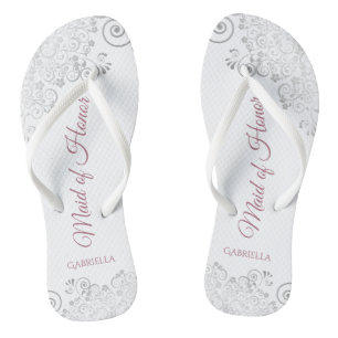 Silver Lace & Dusty Rose Maid of Honour Wedding Flip Flops