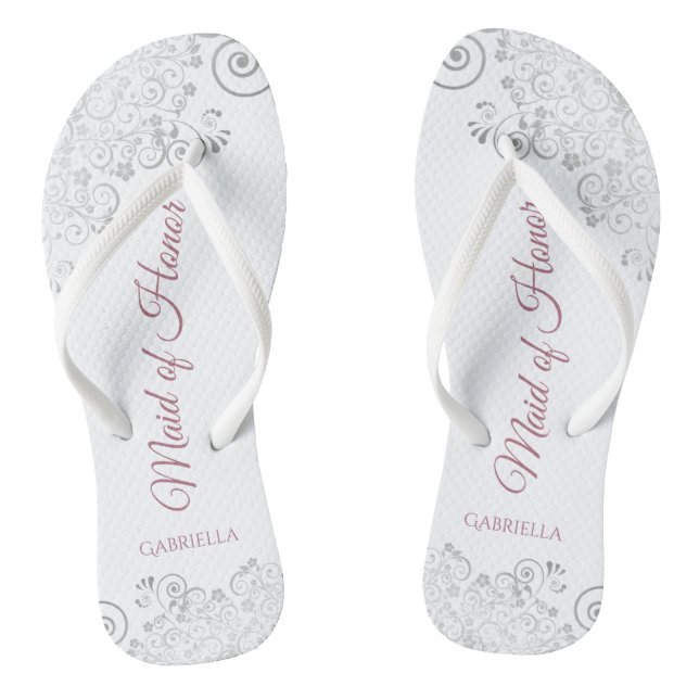 Silver Lace & Dusty Rose Maid of Honour Wedding Flip Flops (Footbed)