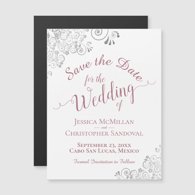 Silver Lace Dusty Rose Save the Date White Magnet (Front/Back)