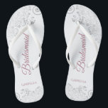 Silver Lace & Dusty Rose Script Bridesmaid Wedding Flip Flops<br><div class="desc">These elegant wedding flip flops are a great way to thank and recognise your bridesmaids, while giving their feet a rest after a long day. The beautiful design features an elegant design with silver grey lace frills on a white background and fancy dusty rose or mauve pink script lettering. The...</div>