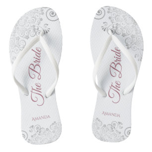 Silver Lace & Dusty Rose Script The Bride Wedding Flip Flops