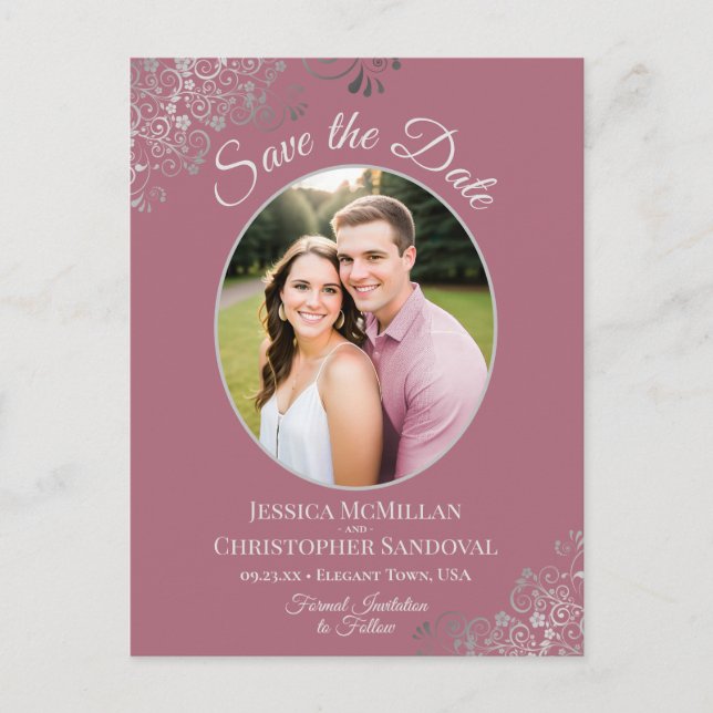 Silver Lace Dusty Rose Wedding Save the Date Photo Announcement Postcard (Front)