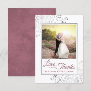 Silver Lace Dusty Rose White Love & Thanks Wedding Thank You Card