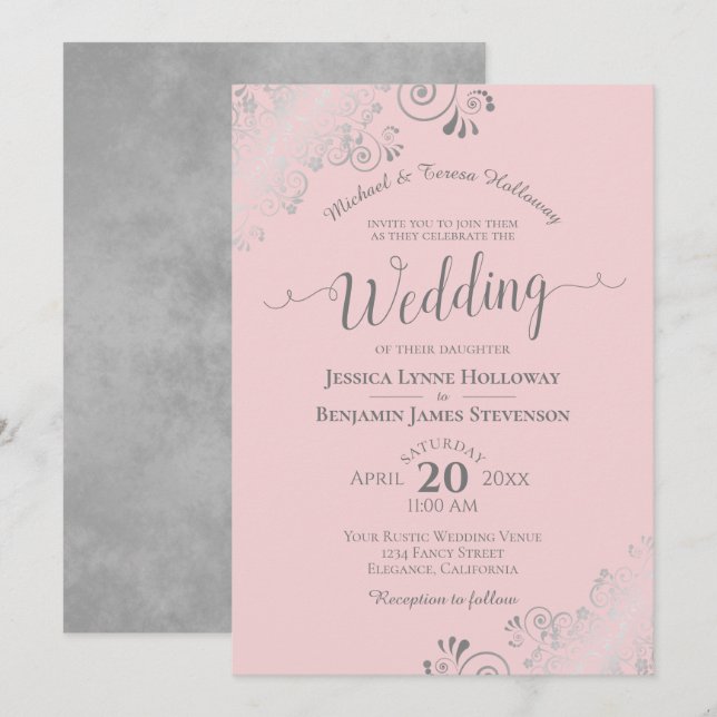 Silver Lace Elegant Blush Pink Formal Wedding Invitation (Front/Back)
