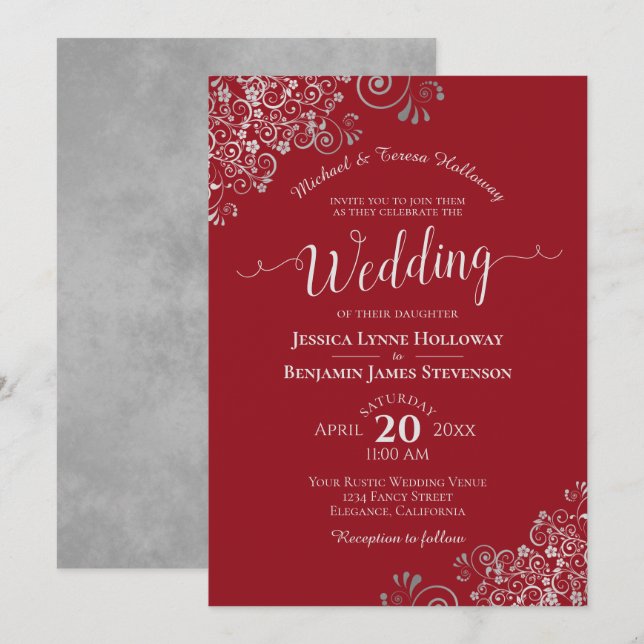 Silver Lace Elegant Crimson Red Formal Wedding Invitation (Front/Back)