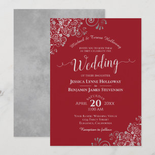 Silver Lace Elegant Crimson Red Formal Wedding Invitation