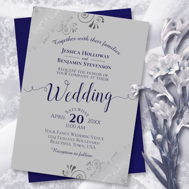 Silver Lace Elegant Navy Blue & Grey Wedding Invitation (Creator Uploaded)
