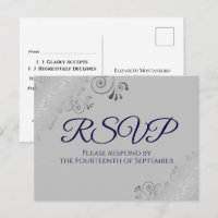 Silver Lace Elegant Navy Blue on Grey Wedding RSVP