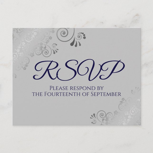 Silver Lace Elegant Navy Blue on Grey Wedding RSVP Postcard (Front)
