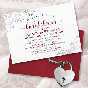 Silver Lace Elegant Red & White Bridal Shower Invitation