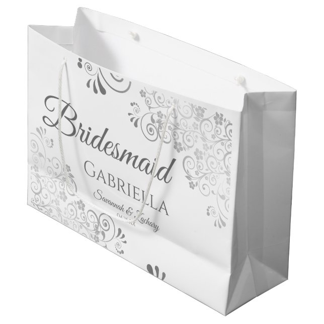 Silver Lace Elegant White Bridesmaid Wedding Large Gift Bag (Front Angled)
