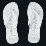 Silver Lace Elegant White Maid of Honour Wedding Flip Flops<br><div class="desc">These beautiful wedding flip flops are a great way to thank and recognise your Maid of Honour while saving her feet at the same time. Features an elegant design with silver grey lace on a white background and fancy script lettering. The test reads Maid of Honour with her name below....</div>