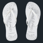 Silver Lace Elegant White Maid of Honour Wedding Flip Flops<br><div class="desc">These beautiful wedding flip flops are a great way to thank and recognise your Maid of Honour while saving her feet at the same time. Features an elegant design with silver grey lace on a white background and fancy script lettering. The test reads Maid of Honour with her name below....</div>
