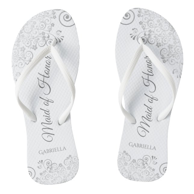 Silver Lace Elegant White Maid of Honour Wedding Flip Flops (Footbed)