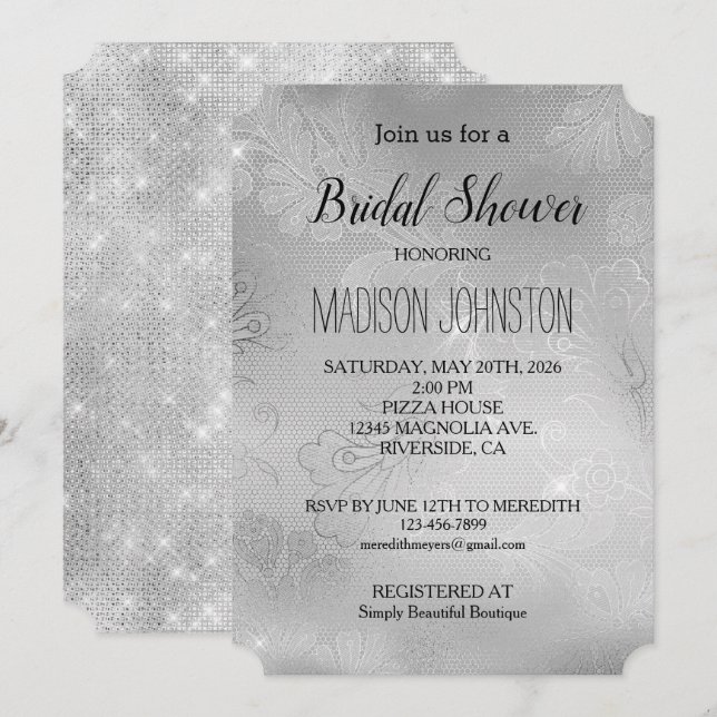 Silver Lace Floral Invitation (Front/Back)