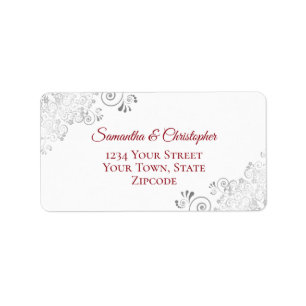 Silver Lace Frills Red on White Wedding Address Label