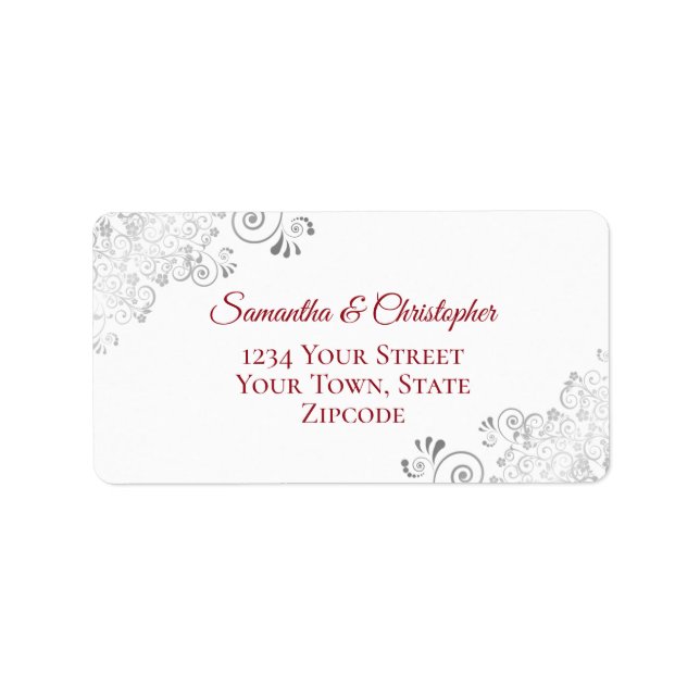 Silver Lace Frills Red on White Wedding Address Label (Front)