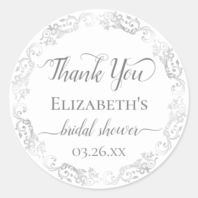 Silver Lace Grey on White Bridal Shower Thank You Classic Round Sticker (Front)