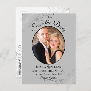 Silver Lace Grey Wedding Save the Date Oval Photo Announcement Postcard