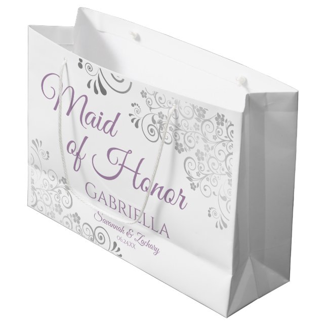 Silver Lace & Lavender Maid of Honor White Wedding Large Gift Bag (Front Angled)