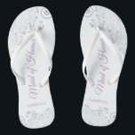 Silver Lace & Lavender Maid of Honour Wedding Flip Flops<br><div class="desc">These beautiful wedding flip flops are a great way to thank and recognise your Maid of Honour while saving her feet at the same time. Features an elegant design with silver grey lace on a white background and fancy dusty purple or lavender script lettering. The test reads Maid of Honour...</div>