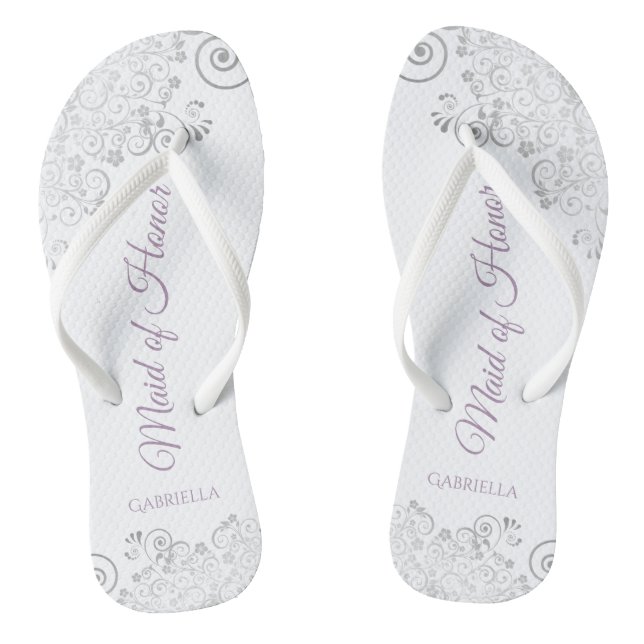 Silver Lace & Lavender Maid of Honour Wedding Flip Flops (Footbed)