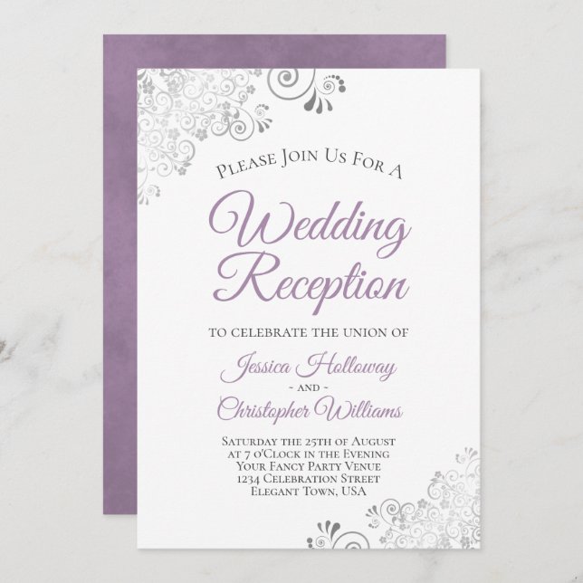Silver Lace Lavender on White Wedding Reception Invitation (Front/Back)