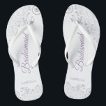 Silver Lace & Lavender Script Bridesmaid Wedding Flip Flops<br><div class="desc">These elegant wedding flip flops are a great way to thank and recognise your bridesmaids, while giving their feet a rest after a long day. The beautiful design features an elegant design with silver grey lace frills on a white background and fancy dusty purple or lavender script lettering. The text...</div>