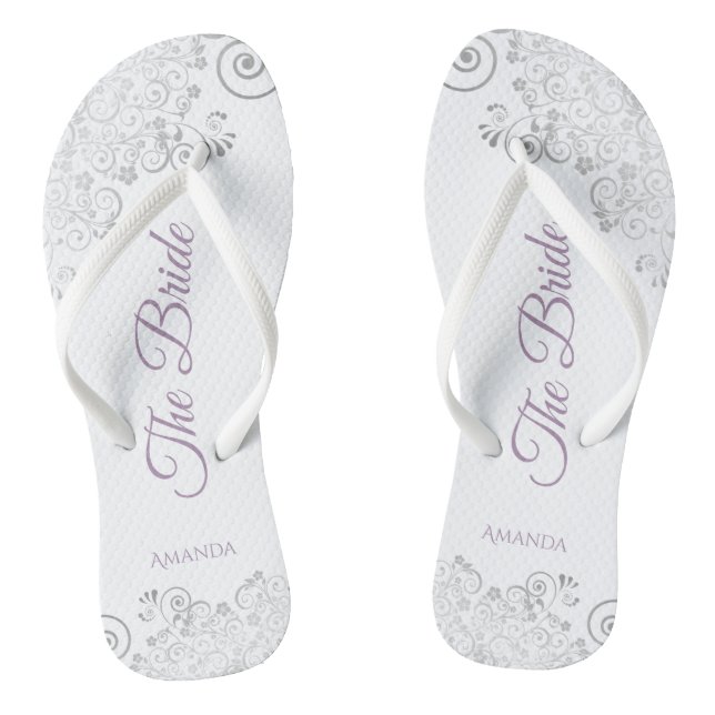 Silver Lace & Lavender Script The Bride Wedding Flip Flops (Footbed)