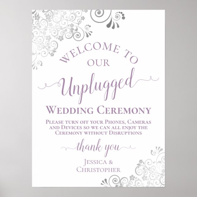 Silver Lace Lavender Unplugged Wedding Ceremony Poster (Front)