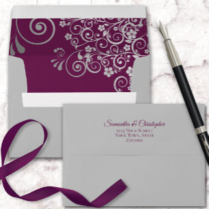 Silver Lace Magenta Inside Elegant Grey Wedding Envelope