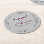 Silver Lace Magenta on Grey Elegant Wedding Round Paper Coaster<br><div class="desc">These beautiful wedding coasters feature a simple yet elegant design with magenta,  cassis purple,  or berry coloured script lettering and a silver faux foil lace border on a grey background. There is space for the couple's names and the wedding date. Wonderful wedding memento or save the date gift.</div>