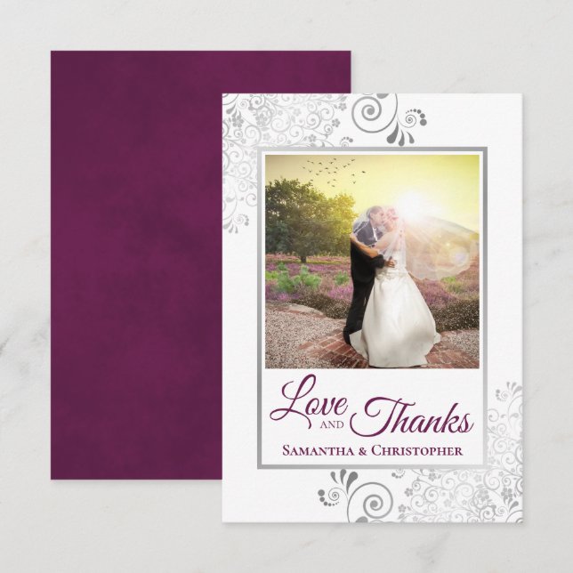 Silver Lace Magenta & White Love & Thanks Wedding Thank You Card (Front/Back)