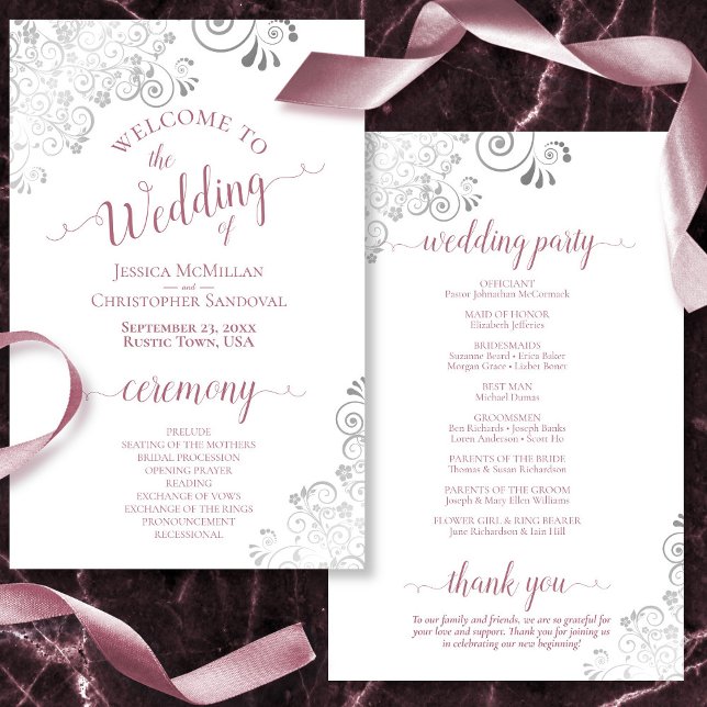 Silver Lace Mauve on White Budget Wedding Program (Front and Back)