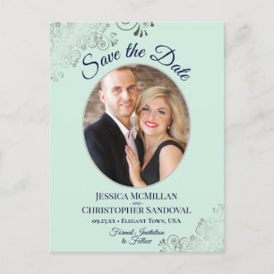 Silver Lace Mint Navy Wedding Save the Date Photo Announcement Postcard