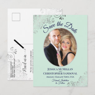 Silver Lace Mint Navy Wedding Save the Date Photo Announcement Postcard