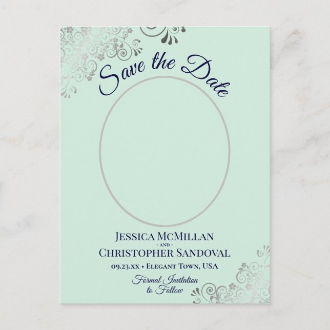 Silver Lace Mint Navy Wedding Save the Date Photo Announcement Postcard (Front)