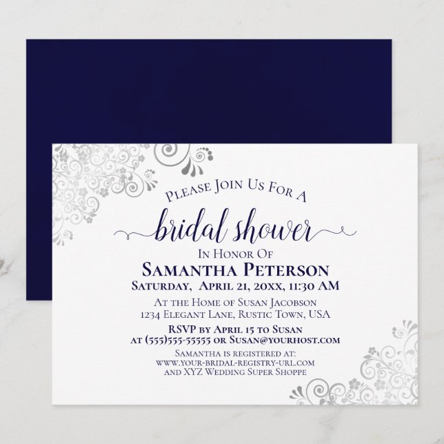 Silver Lace Navy Blue Elegant White Bridal Shower Invitation (Front/Back)