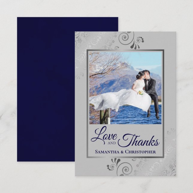 Silver Lace Navy Blue & Gray Love & Thanks Wedding Thank You Card (Front/Back)