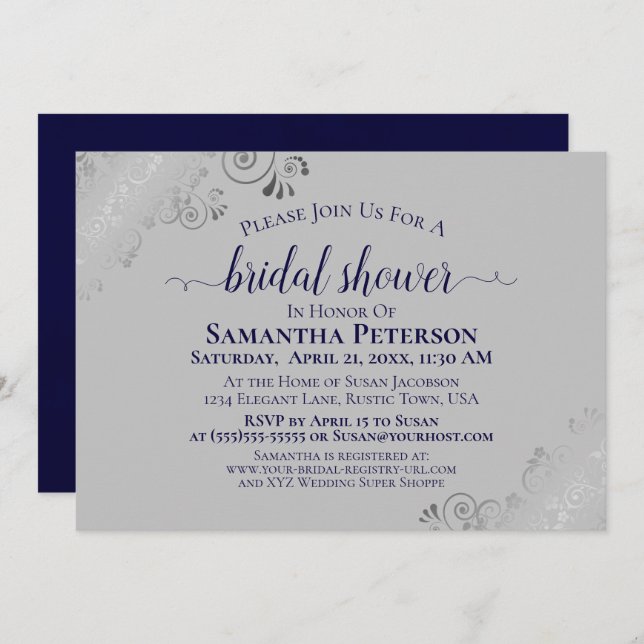 Silver Lace Navy Blue & Grey Elegant Bridal Shower Invitation (Front/Back)