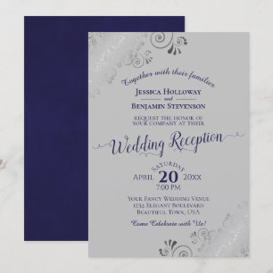 Silver Lace Navy Blue & Grey Wedding Reception Invitation