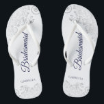 Silver Lace Navy Blue on White Bridesmaid Wedding Flip Flops<br><div class="desc">These elegant wedding flip flops are a great way to thank and recognise your bridesmaids, while giving their feet a rest after a long day. The beautiful design features an elegant design with silver grey lace frills on a white background and fancy navy blue coloured script lettering. The text reads...</div>
