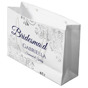 Silver Lace Navy Blue on White Bridesmaid Wedding Large Gift Bag