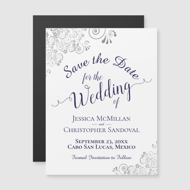 Silver Lace & Navy Blue Save the Date White Magnet (Front/Back)