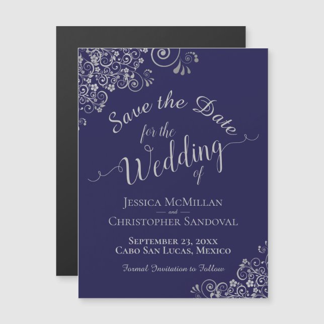 Silver Lace Navy Blue Wedding Save the Date Magnet (Front/Back)