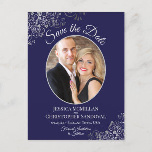 Silver Lace Navy Blue Wedding Save the Date Photo Announcement Postcard
